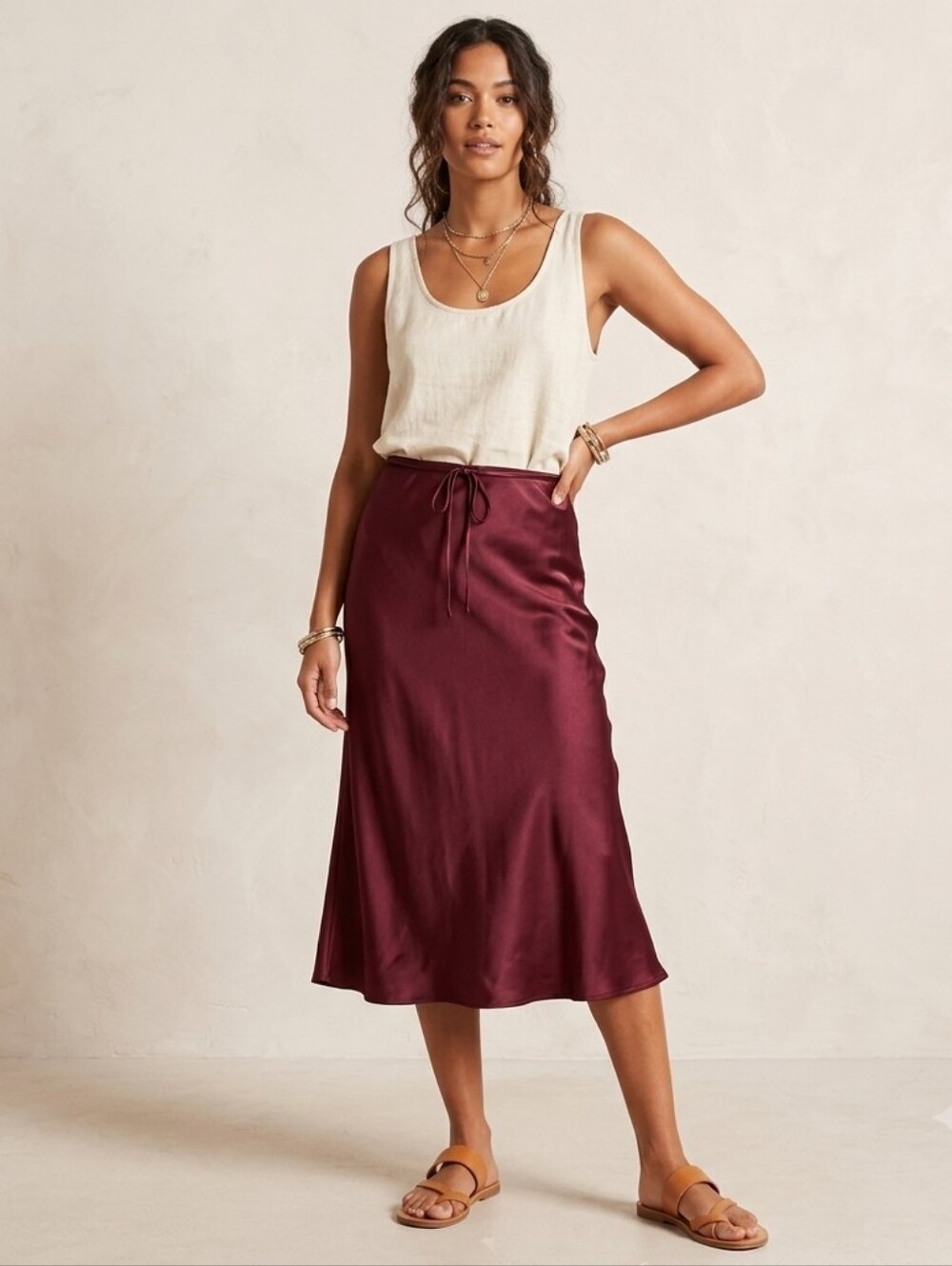 Bohme Maroon Satin Midi Slip Skirt Size M Evening Chic